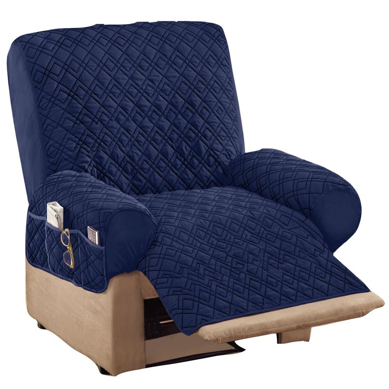 Collections Etc Diamond-Shape Quilted Stretch Recliner Cover with Storage Pockets and Elastic Straps - Furniture Protector - Image 1